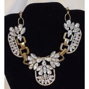 Vintage Jack E Ohs NYC Rhinestone Bib Necklace Gold Tone Chain